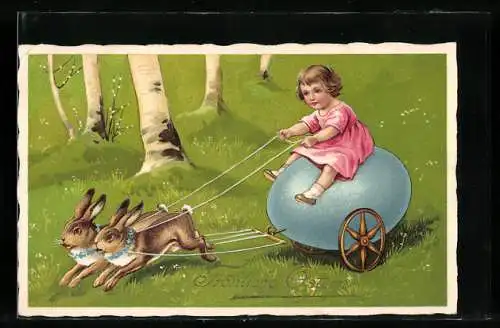 Künstler-AK Osterhasen ziehen ein Mädchen auf einer Eier-Kutsche