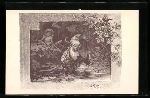 Künstler-AK Zwerg tanzt mit Fröschen im Wasser