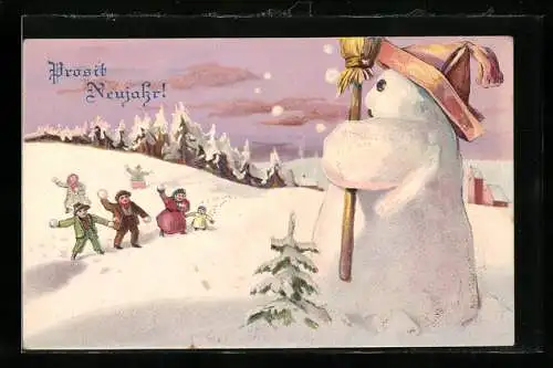 Präge-AK Schneemann wird von Kindern mit Schneebällen abgeworfen