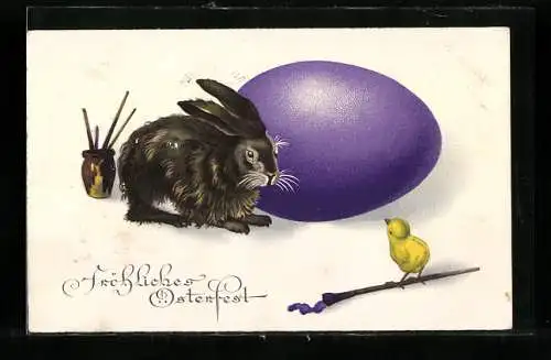 AK Fröhliche Ostern, Osterhase, bemaltes Ei und Küken