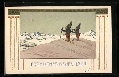 AK Fröhliches Neues Jahr, Zwerge mit Skiern