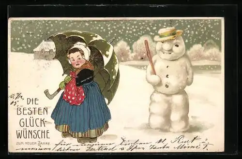 AK Dame mit Schirm neben Schneemann im Schnee