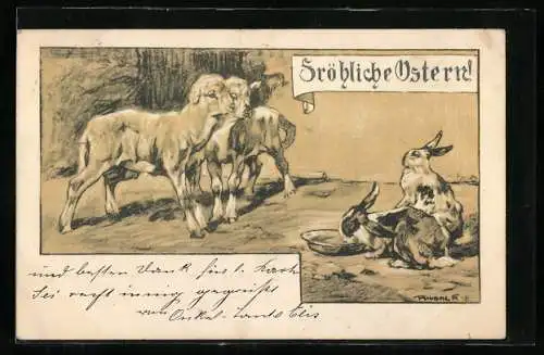 AK Fröhliche Ostern!, Hasen und Lämmer