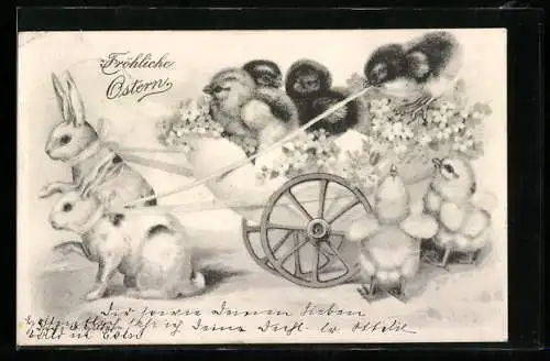 AK Ostern, Osterhasen ziehen eine Kutsche voll Kücken hinter siche her