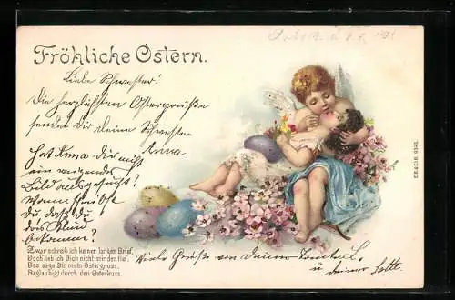 Künstler-AK Osterengel gibt Geliebter einen sanften Kuss