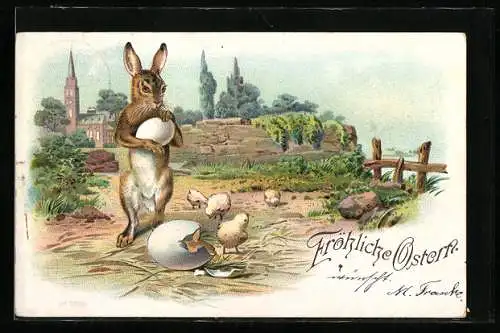Lithographie Osterhase mit Eiern und Osterküken vor der Stadt