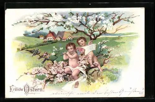 AK Osterengel beim Musizieren im blühenden Kirschbaum