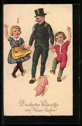 AK Kinder tanzen mit dem Schornsteinfeger, Schwein, Neujahrskarte
