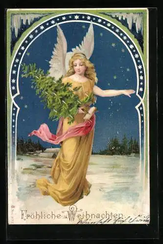 Künstler-AK Weihnachtsengel mit Tannenbaum