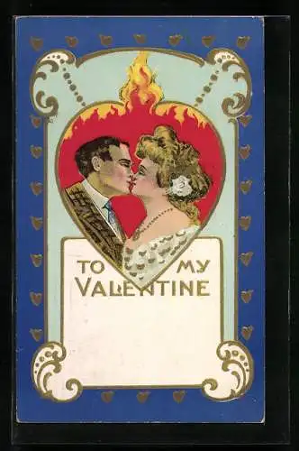 Präge-AK Valentinstag, Paar küsst sich im loderndem Herz