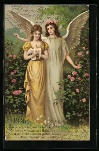 AK Frau mit Taube auf dem Arm, Engel als Beschützer