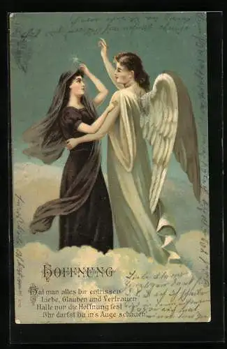 Lithographie Hoffnung, Frau in Trauerkleidung tanzt mit ihrem Engel auf den Wolken