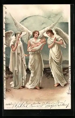 AK Weihnachtsengel halten das Baby im Arm