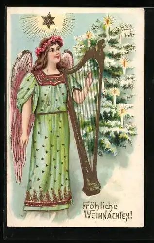 Präge-AK Weihnachtsengel mit Harfe nebst Christbaum