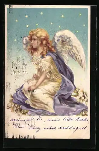 Lithographie Osterengel unterm Sternenzelt