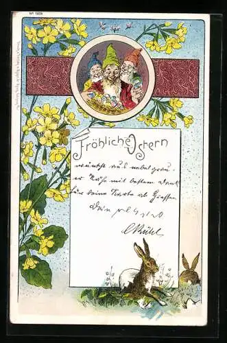 Künstler-AK Freche Zwerge sammeln Eier der Osterhasen