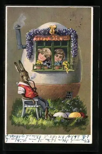 Künstler-AK Kinder beobachten Osterhase beim Rauchen