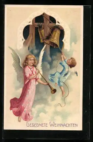 Künstler-AK Weihnachtsengel läuten die Glocken zur festlichen Stunde