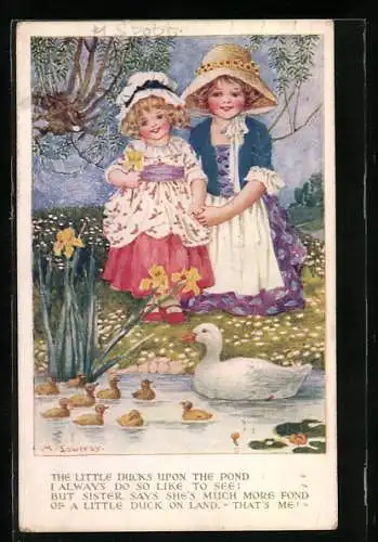 Künstler-AK Millicent Sowerby: Mädchen beobachten Enten im Teich