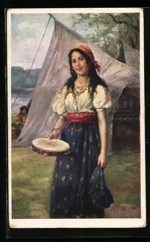 Künstler-AK Josef Süss: Zigeunermädel vor Zelten