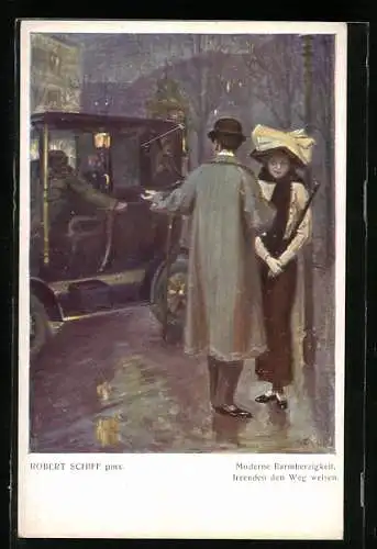 Künstler-AK Robert Schiff: Passant weist Dame zum Auto