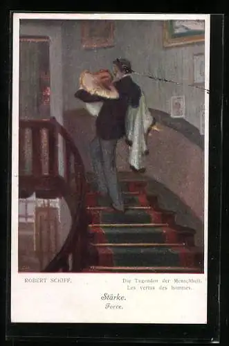 Künstler-AK Robert Schiff: Mann trägt seine Liebste die Treppe hinauf