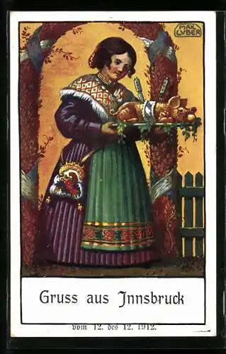 Künstler-AK Max Luber: Frau trägt Tablett mit Spanferkel