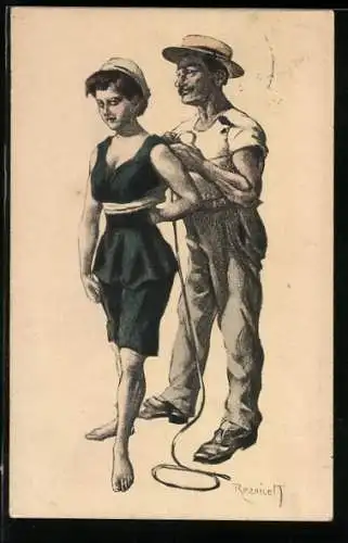 Künstler-AK Ferdinand von Reznicek: Mann mit einem Seil und Frau