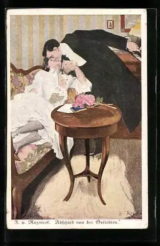 Künstler-AK Ferdinand von Reznicek: Mann verabschiedet sich mit einem Kuss von seiner Geliebten