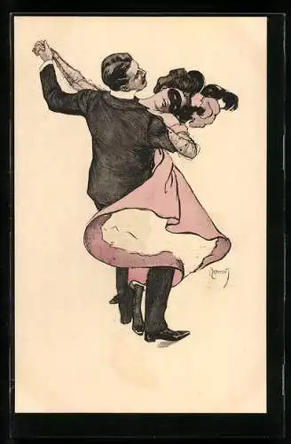 Künstler-AK Ferdinand von Reznicek: Simplicissimus Nr. 3: Mann tanzt mit einer maskierten Frau