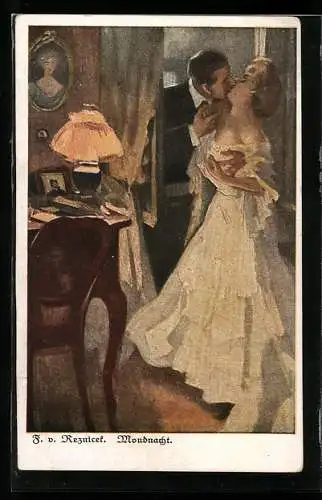 Künstler-AK Ferdinand von Reznicek: Mondnacht, Sich küssendes Paar
