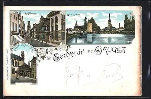 Lithographie Bruges, Chapelle du Saint-Sang, Lac d`Amour, Rue Flamande