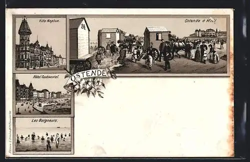 Lithographie Ostende, Hotel Continental, Villa Neptun, Les Baigneurs