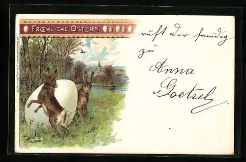 Künstler-AK Osterhasen tanzen um ein grosses Ei herum