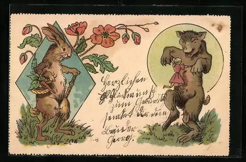 Künstler-AK Osterhase mit Gehstock und Karotte, Wolf spielt mit Puppe