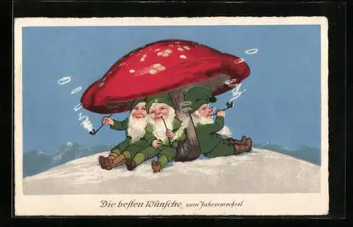 AK Herzliche Neujahrswünsche, Zwerge unter einem Pilz rauchend