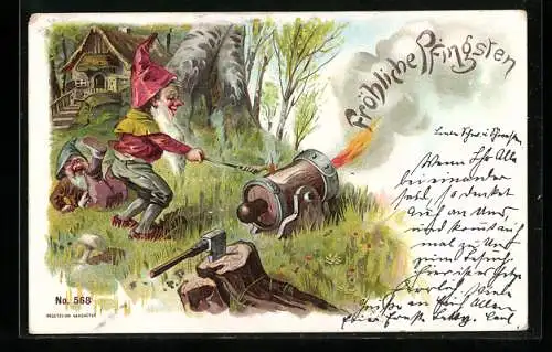 Lithographie Zwerg zündet Kanone an, Zwerg kippt um, Fröhliche Pfingsten