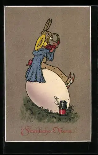 AK Osterhase mit Horn auf Ei