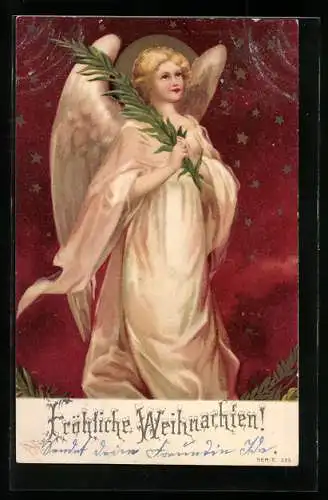 Künstler-AK Weihnachtsengel mit Blätterzweig schaut gen Himmel