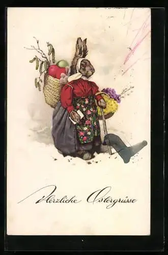 AK alte Osterhäsin mit Korb voller Eier im Schnee unterwegs, Ostergruss