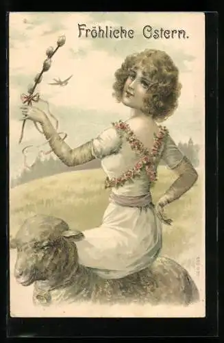 AK Fröhliche Ostern, Maid mit Weidenkätzchen reitet auf Lamm