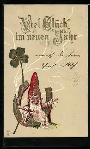 Präge-AK Zwerg raucht Pfeife in einem Hufeisen zu Neujahr