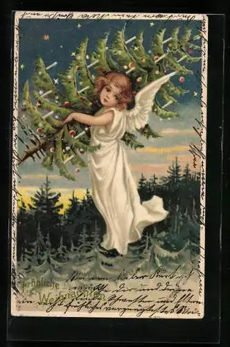 Künstler-AK Engel in weissem Kleid trägt einen geschmückten Tannenbaum