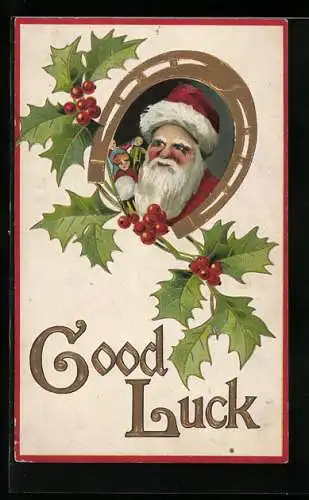 AK Weihnachtsmann mit Spielzeug und Stechpalme