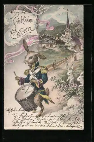 Künstler-AK Osterhase spielt Trommel zur Feststunde