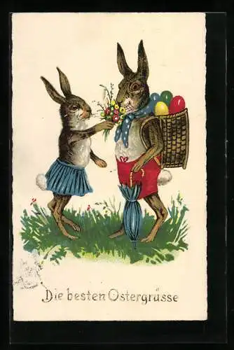 AK Zwei Osterhasen mit Eierkorb und Blumenstrauss