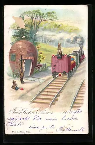 AK Osterhasen transportieren die Ostereier mit dem Zug