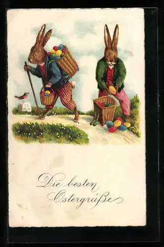 Künstler-AK Osterhasen verteilen bunte Eier