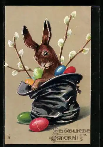 AK Weidenkätzchen mit Ostereiern und Osterhase in einem Zylinder