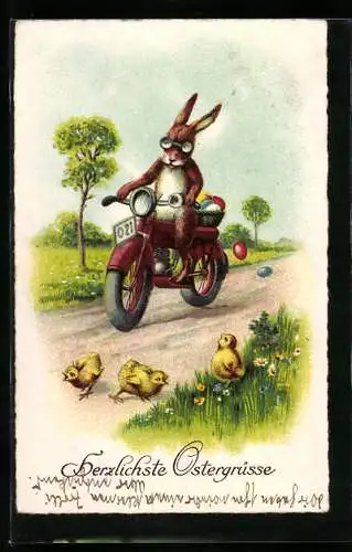 Künstler-AK Osterhase auf seinem Motorrad beim Eier verstecken
